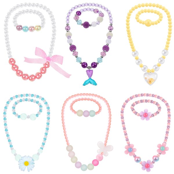 Sumind 6 Sets Play Jewelry for Little Girls Princess Necklace Bracelet Set Includes Kid Beaded Necklace Bracelet for Toddler Christmas Birthday Party Favors Cosplay(Heart, Flower Style)