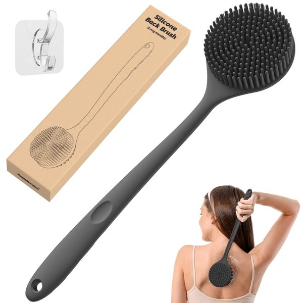 Manmihealth Silicone Back Scrubber for Shower(Thick Bristles), Body Scrubber with 15'' Long Handle, Light & Easy-to-Hold Shower Brush for Skin Exfoliating and Massaging, Not Good in Lathering.(Black)