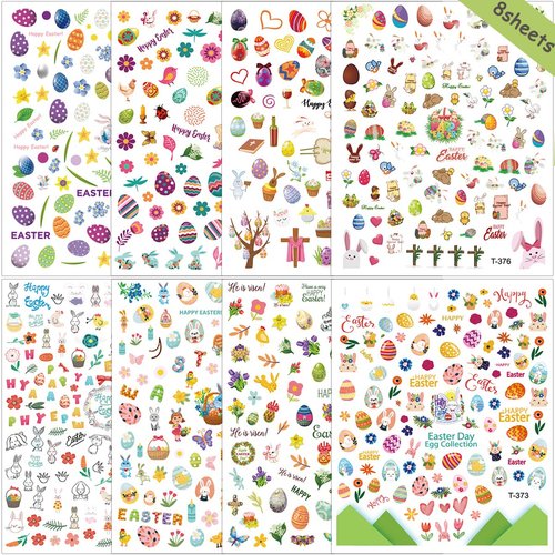 8 Sheets Easter Nail Art Stickers Decals 3D Self-Adhesive Cute Nail Decals Easter Egg Bunny Rabbit Design Cartoon Nail Stickers for Women Girls DIY Manicure Accessories Easter Party Nail Decorations
