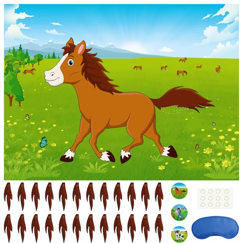 Morcheiong Pin The Tail on The Horse Birthday Game with 48pcs Tails for Kids Farm Birthday Party Supplies Decorations Favors