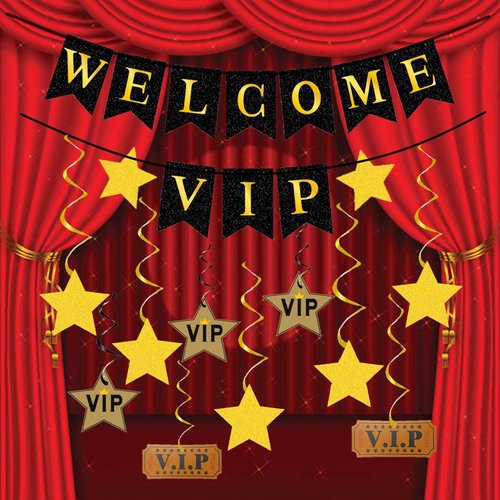 VIP Red Carpet Decorations,Black Gold Welcome VIP Banner with Star Hanging Swils for Movie Night Birthday New Years Eve Party Decorations Home Indoor Supplies