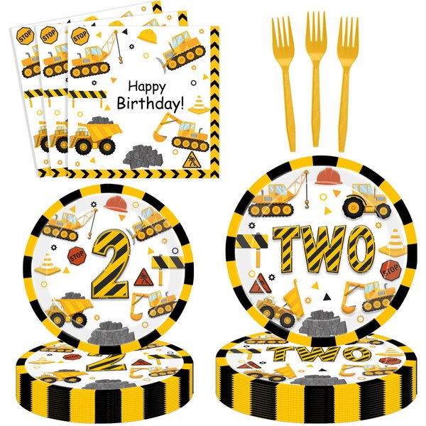 80 Pcs Construction 2nd Birthday Decorations Construction Two Years Old Disposable Paper Dinner Plates Napkins Forks Dinnerware for Dump Truck Theme 2nd Bday Party Supplies Decorations