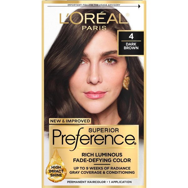 L'Oreal Paris Superior Preference Fade-Defying + Shine Permanent Hair Color, 4 Dark Brown, Pack of 1, Hair Dye