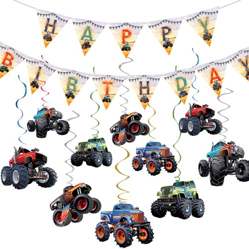 Monster Truck Birthday Party Supplies Pack Monster Truck Party Decorations including Triangle Monster Truck Happy Birthday Banner, 10pcs Monster Truck Hanging Swirls for Kid‘s Birthday