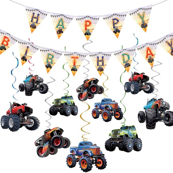Monster Truck Birthday Party Supplies Pack Monster Truck Party Decorations including Triangle Monster Truck Happy Birthday Banner, 10pcs Monster Truck Hanging Swirls for Kid‘s Birthday