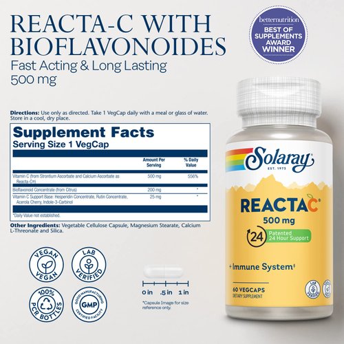 SOLARAY Reacta-C with Vitamin C 500mg - 200mg Bioflavonoid Concentrate, Immune Defense Vitamins - Patented 24 Hour Immune Support Supplement - Vegan - 60 Capsules, 60 Servings