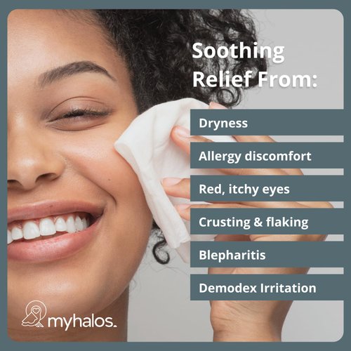 MyHalos 48 Hydrating Eyelid Wipes for Dry Eye Relief and Computer Vision Syndrome - Moisturising and Soothing Eye Wipes for Dry Eyes, Helps with Blepharitis - Gentle Formula with Tea Tree