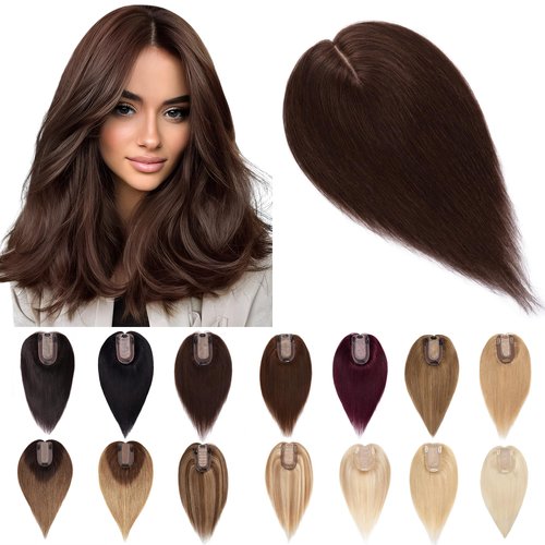SEGO Human Hair Toppers for Women With Thinning Hair 7 * 13CM Silk Base 100% Real Human Hair Clip in Top Wiglet Hair Pieces -12 Inch No Bangs Dark Brown