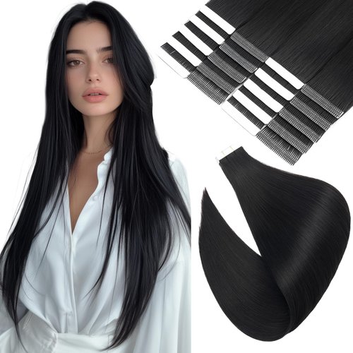 Elailite Tape in Hair Extensions Human Hair Real Remy Hair Jet Black 20 Inch 50g 20pcs Thick Hair Ends Straight Invisible Seamless Skin Weft Best Tape for Women