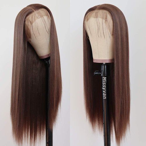 Missyvan Lace Front Wig Straight Hair Brown Color 22" Long Wigs Glueless Heat Resistant Fiber Hair Highlight Synthetic Lace Front Wigs for Fashion Women