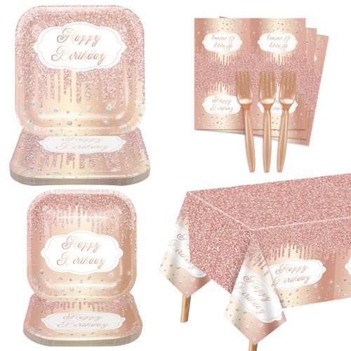 81 Pieces Rose Gold Party Decorations - Rose Gold Party Supplies, Include Dinner Plates, Dessert Plates, Napkins, Rose Gold Tablecloth, Forks for Girl Women Mom Birthday Party Supplies, Serves 20