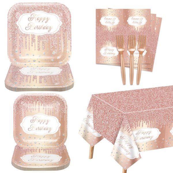 81 Pieces Rose Gold Party Decorations - Rose Gold Party Supplies, Include Dinner Plates, Dessert Plates, Napkins, Rose Gold Tablecloth, Forks for Girl Women Mom Birthday Party Supplies, Serves 20