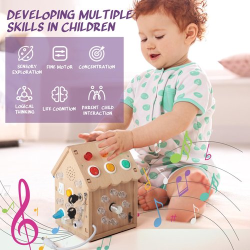 Sound and Light Busy House Wooden Montessori Busy Board, Light Switch Toys Toddler Sensory Toys Montessori Toys for 3+ Year Old Gifts for Boys and Girls