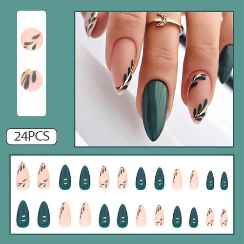 24Pcs Green Press on Nails Almond, Acrylic Press on Nails medium Nued Fake/False Nails with leaf Press ons Designs Artificial Nails Stick on Nails For Women Girls