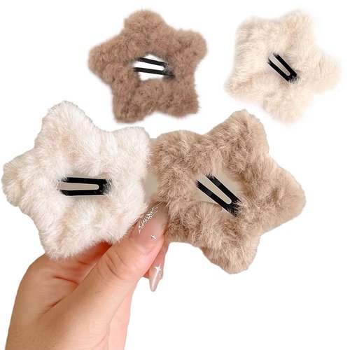 AdOvz 4 Pcs Fluffy Star Hair Clips, Fuzzy Soft Anti-slip Hair Decor,Portable Sweet Style Pentagram Bangs Clips Hair Styling for Girls Women Hair Clips Accessories