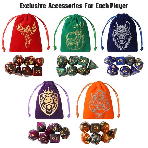Grajar 35Pcs DND Dice Set with 5 Colorful Animal Patterned Dice Pouches, Polyhedral Dice Sets for Dungeons and Dragons D&D TTRPG MTG Table Role Playing Games Starry Sky