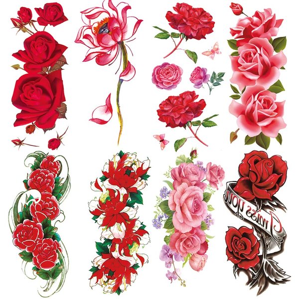 Oottati 8 Sheets Arm Flower Temporary Tattoos - Red Rose Lotus For Men and Women