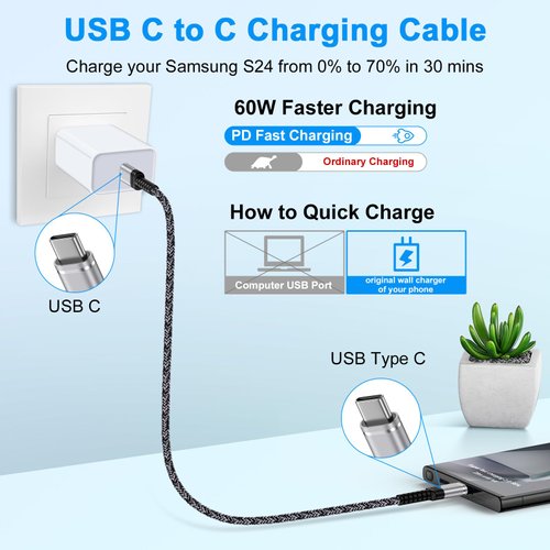 USB C to UCB C Charger Cable 60W Super Fast Charging Type C Power Cord Android Phone 6FT 2 Pack for iPhone 16 Pro Max,16 Plus,16 Pro,16,15 Pro Max,Motorola Razr Edge 2024,Moto G Stylus 5G,G 5G,G Power