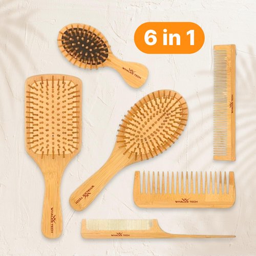 Bamboo hairbrush 6 in-1 comb set for men women kids, Bamboo hair brush for hair growth for all hair types, Natural bamboo bristle hair brush for Scalp massager