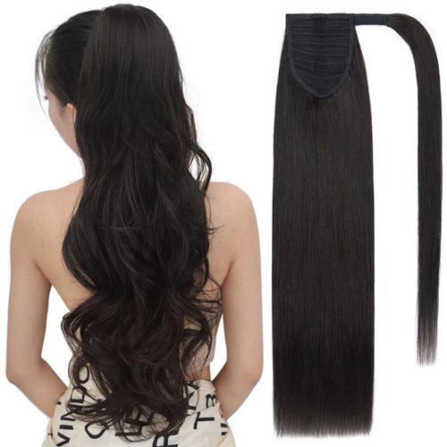 SEGO Pro Ponytail Extensions Human Hair Long Straight Ponytail Hair Extensions with Magic Paste Wrap Around Clip in Ponytail Extensions Real Human Hair,22inch #1B Jet Black,95g
