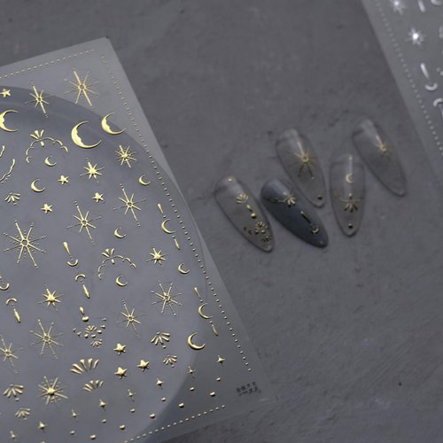 Moon Star Nail Art Stickers Decals 3D Gold Bronzing Nail Stickers Laser Star Moon Luxury Nail Design Self-Adhesive Nail Decals Manicure Sliders for Women Girls DIY Nail Art Decorations Supplies