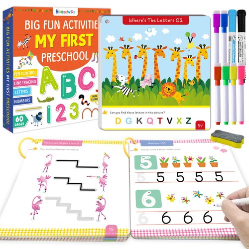 HOQEEWIPE Preschool Learning Activities Line Tracing Number Letter for Kids, Wipe Clean Preschool Pre K Workbook Educational Game Fine Motor Skill Toddler Learning Toys Girl Boy Ages 2 3 4 5 Year Old