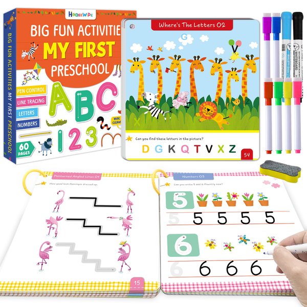 HOQEEWIPE Preschool Learning Activities Line Tracing Number Letter for Kids, Wipe Clean Preschool Pre K Workbook Educational Game Fine Motor Skill Toddler Learning Toys Girl Boy Ages 2 3 4 5 Year Old
