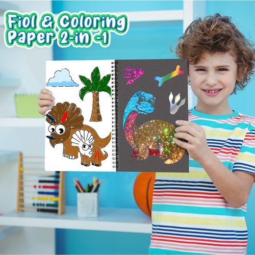Art & Craft Activity,Foil Craft Dinosaur DIY Art Fun Kits,No Mess Creative Foil Art Kits Set Drawing Game for Kids,Birthday Gifts Crafts Supplies Travel Toys for Girls Boys Ages 4 5 6 7 8 9 Year Old