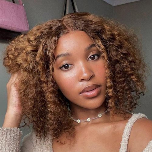 JOEDIR HAIR Curly Bob Wig Human Hair Short Deep Wave Lace Front Wig for Black Women 10 inch Mixed Brown T Part Wig Jerry Curl Bob Wig 150% Density (Color: P4/30)