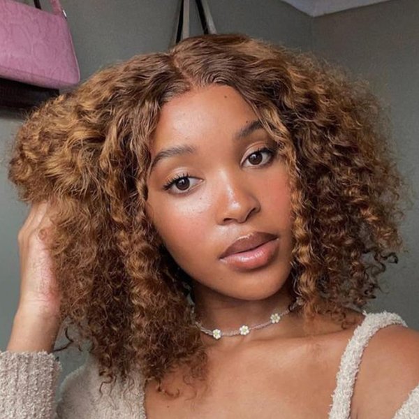 JOEDIR HAIR Curly Bob Wig Human Hair Short Deep Wave Lace Front Wig for Black Women 10 inch Mixed Brown T Part Wig Jerry Curl Bob Wig 150% Density (Color: P4/30)
