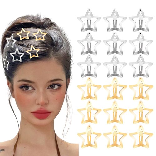 JUNEBRUSHS Star Hair Clips, 30 PCS Silver and Golden Star Hair Accessories Metal Non Slip Hair Barrettes for Girls Women, 1.18 Inches