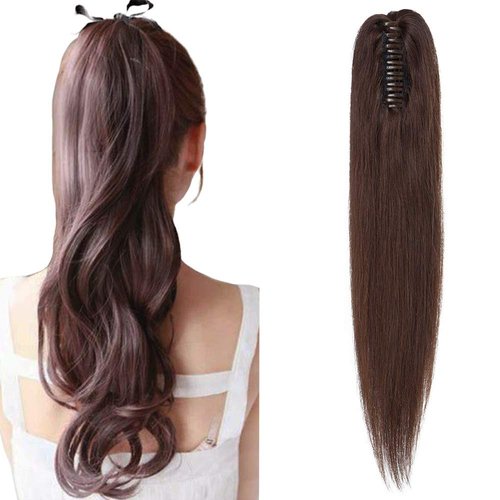 Hairro Ponytail Hair Extensions Claw Clip In Ponytails Jaw On Ponytail Extensions 100% Real Human Hair Long Straight Jaw/Claw Clips Pony Tail Hairpieces For Women 14 Inch 105g #02 Dark Brown