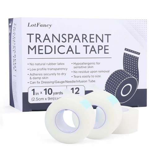 LotFancy Transparent Medical Tape, 12 Rolls Adhesive Clear Hypoallergenic Surgical Tape, PE First Aid Tape for Wound, Bandage, 1inch x 10Yards, Sensitive Skin, Latex Free