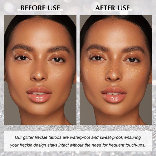 U-Shinein Glitter Freckles Face Tattoo, 6 Styles Gold Face Makeup Patches, Glow Up Makeup Patches with Self Adhesive Face Gems Stickers, 4 Colors Face & Body Glitter Gel, Festival Rave Accessories Set