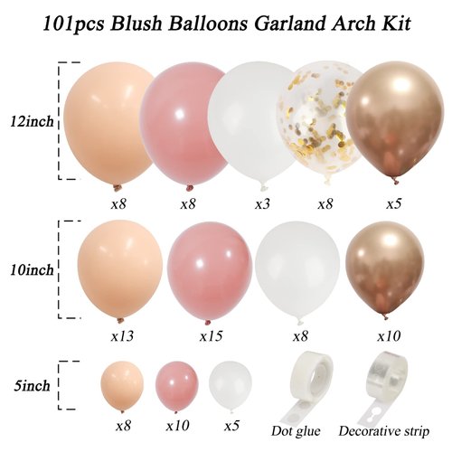 RUBFAC Blush Balloons Garland Arch Kit, Retro Pink Cream Gold White Balloons Confetti Latex Balloons for Girls Baby Shower Valentine's Day Garden Tea Party Bachelorette Birthday Wedding Decorations