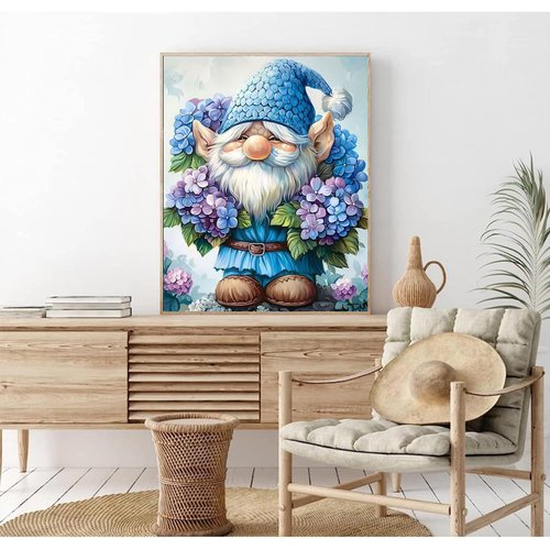 Flowers gnome Paint by Number for Adults Beginner,Hydrangea Paint by Numbers on Canvas,Blue gnome Paint by Numbers Kits with Brushes Pigment Suitable for Home Wall Decoration Without Frame 16x20 Inch