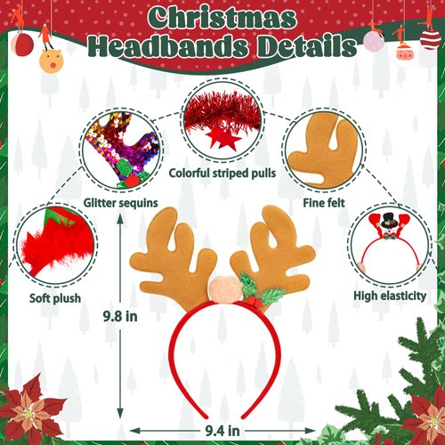 HOVACY 16 Packs Christmas Headbands, Cute Universal Christmas Toppers, Santa Hat, Reindeer Antlers, Snowman, Elf Hat, Bow Headwear for Adults Kids, Christmas Party Favors Holiday Supplies