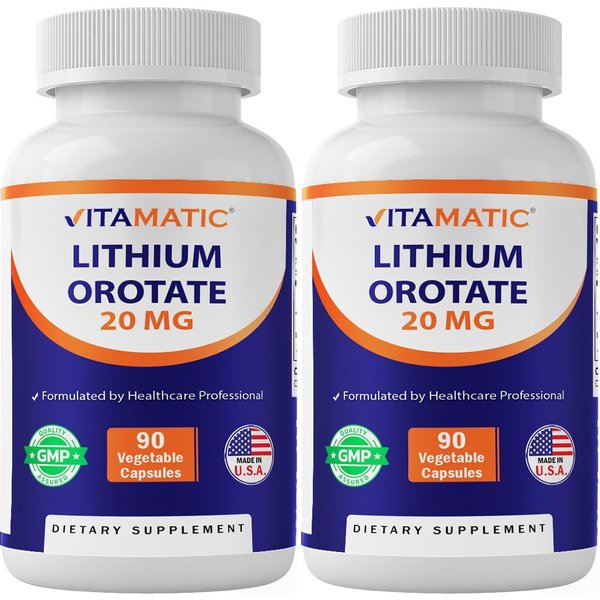 Vitamatic Lithium Orotate 20mg, 90 Capsules - Veggie Caps, Non-GMO, Gluten Free- 2 Pack