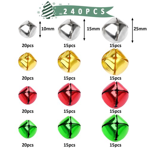 Augshy 240 Pieces Colorful Jingle Bells 4 Colors Mixed Craft Bell Bulk for Christmas Home and Pet Decorations Xmas Decor Party Favors Supplies (0.4/0.6/1 inch)