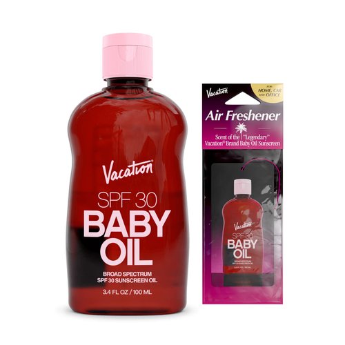 Vacation Baby Oil SPF 30 + Air Freshener Bundle, Broad Spectrum SPF 30 Sunscreen Oil, Vegan Suntan Oil with Broad Spectrum SPF, Sunscreen Tanning Oil, TSA Friendly, Travel Size, 3.4 fl. oz.