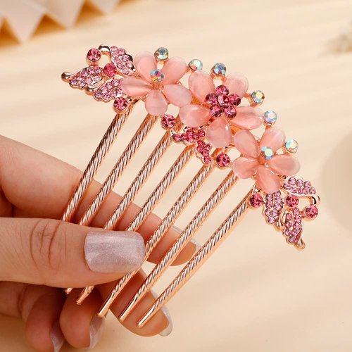 Missgrace Boho Luxury Glitter Sparkly Flower Pink Crystal Rhinestones Hair Side Combs Hairpins Barrettes Bride Hair Clips Accessories for Women Girls (Pink)
