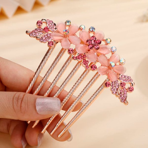 Missgrace Boho Luxury Glitter Sparkly Flower Pink Crystal Rhinestones Hair Side Combs Hairpins Barrettes Bride Hair Clips Accessories for Women Girls (Pink)