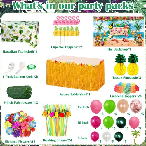 Hawaiian Luau Party Decorations(161 Pcs), Tropical Summer Beach Pool Party Supplies Including Aloha Backdrop, Table Skirt, Tablecloth, Flamingo, Palm Leaves and Hibiscus, Balloons Arch, Straws,
