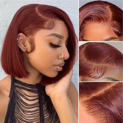 RQY Reddish Brown Bob Wig,13x4 Short Straight Lace Front Wigs Human Hair 180% Density 33# Auburn ...