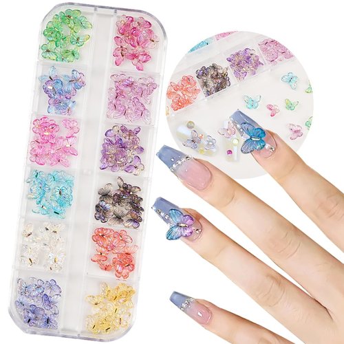 3D Aurora Butterfly Nail Art Charms Butterfly Nail Glitter Rhinestones Set Spring Butterfly Nail Colorful Butterfly Charms for Nails Acrylic Design Cute Butterflies Nails Charms DIY for Manicure Craft