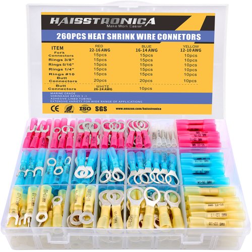 haisstronica 260PCS Heat Shrink Wire Connectors-Marine Grade Heat Shrink Butt Connectors-Electrical Connectors Kit of Tinned Red Copper,AWG 26-10 Crimp Insulated Ring Fork Butt Splice(4Colors/6Size)