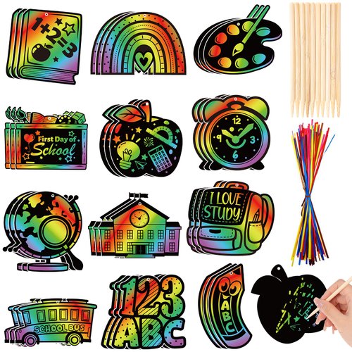 HOWAF 36pcs Back to School Scratch Paper Art Kit,First Day of School Rainbow Scratch Off Cards for Holiday Activity School DIY Drawing Project Supplies,Welcome Back School Paper Scratch Pad for Kids