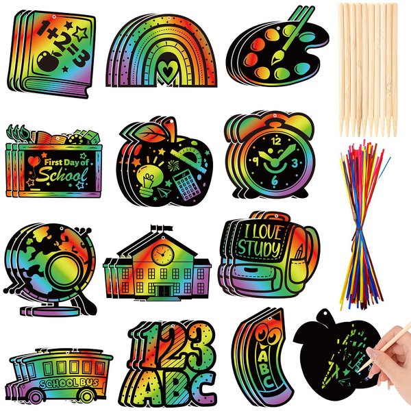 HOWAF 36pcs Back to School Scratch Paper Art Kit,First Day of School Rainbow Scratch Off Cards for Holiday Activity School DIY Drawing Project Supplies,Welcome Back School Paper Scratch Pad for Kids