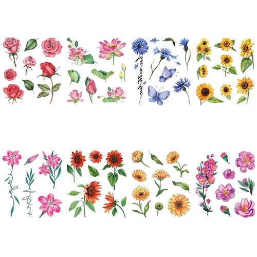 glaryyears 8 Sheets Watercolor Flower Floral Temporary Tattoos, Arm Chest Leg Tattoo Sticker for Women, Rose Chrysanthemum Designs Body Art on Back Shoulder Waterproof Medium Size