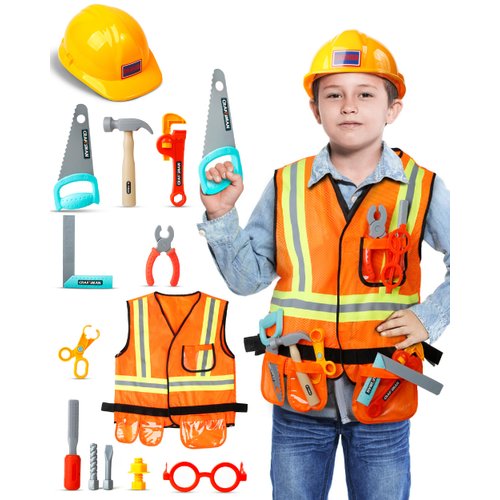 Cosmic Chameleon Kids Construction Toys- 13Pcs Pretend Play Toys Set with Kids Construction Hat, Vest & More- Kids Tool Set for Boys & Girls- Halloween Kids Construction Worker Costume, Birthday Gift